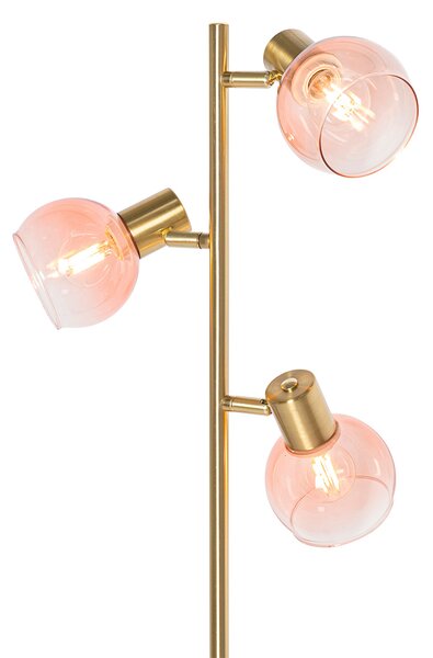 Lampa stojąca art deco złota z różowym szkłem 3-źródła światła - Vidro