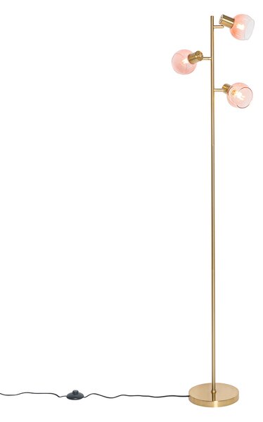 Lampa stojąca art deco złota z różowym szkłem 3-źródła światła - Vidro