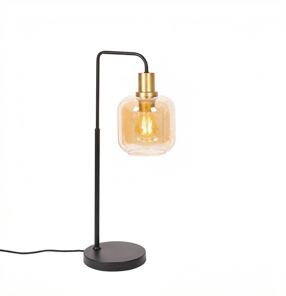 Designerska lampa stołowa czarna z mosiądzem i bursztynowym szkłem - Zuzanna