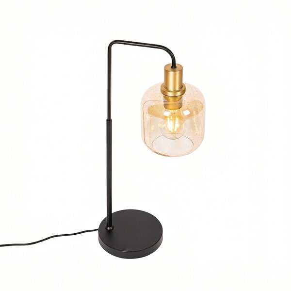Designerska lampa stołowa czarna z mosiądzem i bursztynowym szkłem - Zuzanna