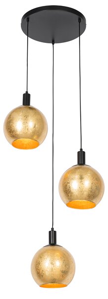 Designerska lampa wisząca czarna ze złotym szkłem 3-światłowa - Bert