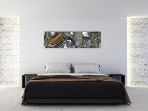 Obraz - srebrne ozdoby świąteczne (170x50 cm)