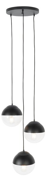 Retro lampa wisząca czarna z przezroczystym szkłem okrągła 3-światłowa - Eclipse