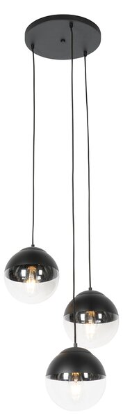 Retro lampa wisząca czarna z przezroczystym szkłem okrągła 3-światłowa - Eclipse