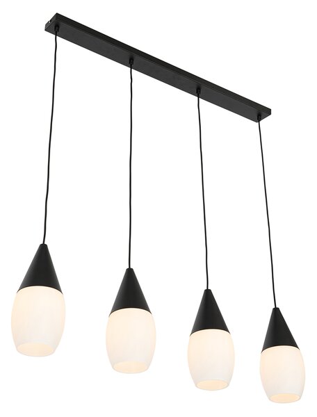 Nowoczesna lampa wisząca czarna z opalowym szkłem 4-światłowa - Drop