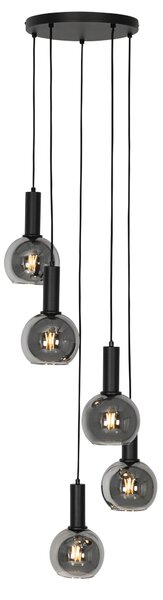 Lampa wisząca w stylu art deco czarna z dymionym szkłem okrągła 5-światłowa - Josje