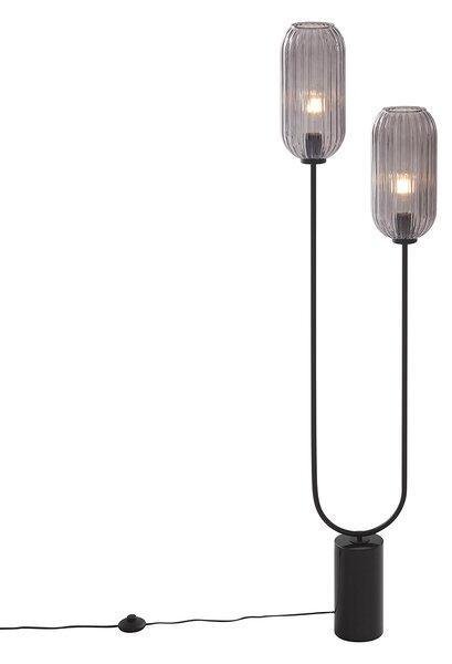 Lampa podłogowa art deco czarna z przydymionym szkłem 2-światła - Rid