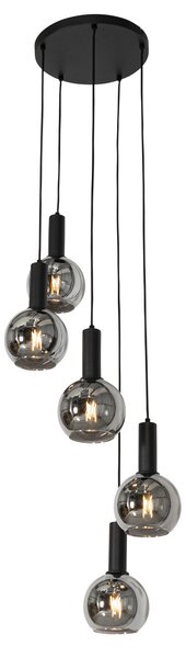 Lampa wisząca w stylu art deco czarna z dymionym szkłem okrągła 5-światłowa - Josje
