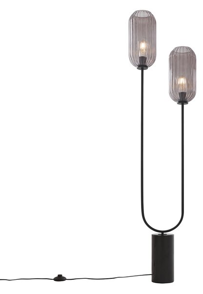 Lampa podłogowa art deco czarna z przydymionym szkłem 2-światła - Rid