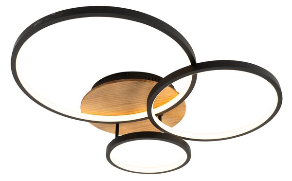 Czarna lampa sufitowa z drewnem, w tym LED 3-stopniowo ściemnialny 3-światła - Alec