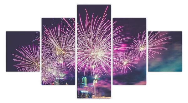 Obraz nocnego miasta z fajerwerkami (125x70 cm)