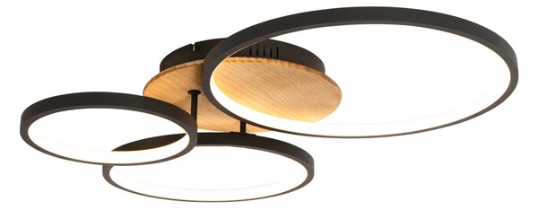 Czarna lampa sufitowa z drewnem, w tym LED 3-stopniowo ściemnialny 3-światła - Alec