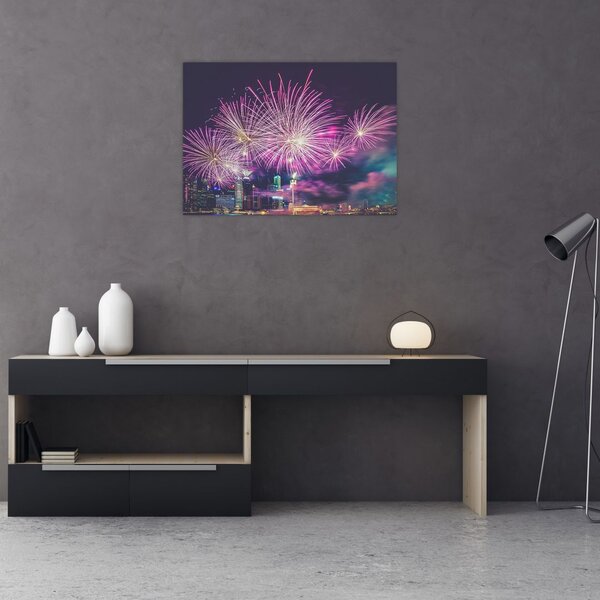 Obraz nocnego miasta z fajerwerkami (70x50 cm)