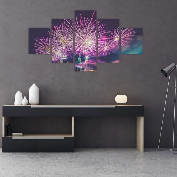 Obraz nocnego miasta z fajerwerkami (125x70 cm)