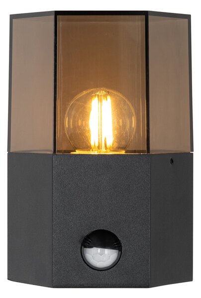 Lampa ścienna zewnętrzna czarna z przydymionym szkłem sześciokątnym i czujnikiem ruchu - Denmark