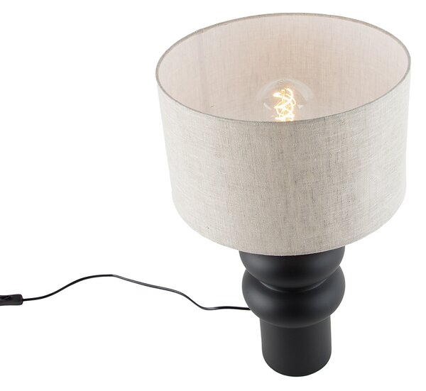 Designerska lampa stołowa czarna z abażurem z tkaniny w kolorze jasnoszarym 35 cm - Alisia