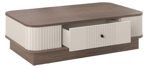 Stolik kawowy Vesper 103x60 cm z szufladą na cokole - kaszmir / orzech / czarny uchwyt