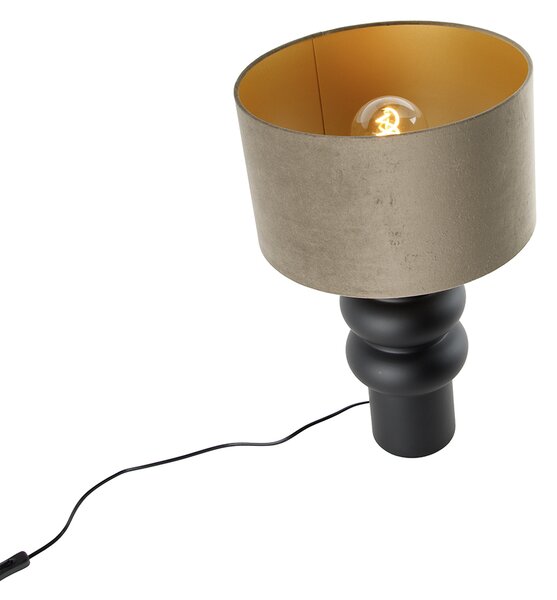Designerska lampa stołowa z abażurem z czarnego weluru w kolorze taupe ze złotem 35 cm - Alisia