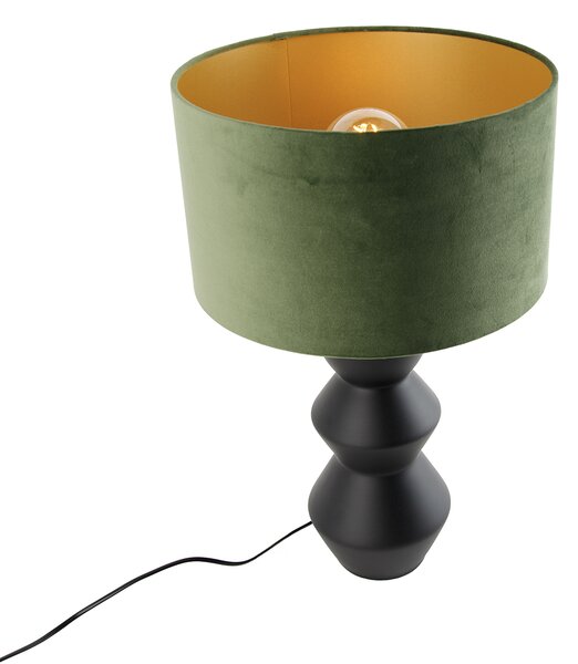 Designerska lampa stołowa czarna z abażurem z czarnego weluru w kolorze zielonym ze złotem 35 cm - Alisia