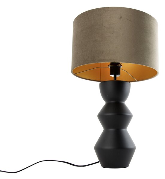 Designerska lampa stołowa z czarnym abażurem z aksamitu w kolorze taupe ze złotem 35 cm - Alisia