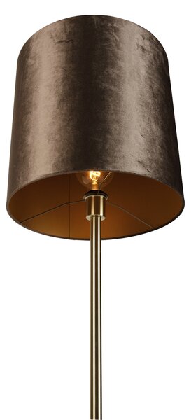 Lampa podłogowa mosiężna z welurowym abażurem brązowym 40cm - Simplo