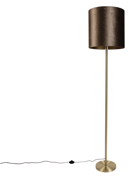 Lampa podłogowa mosiężna z welurowym abażurem brązowym 40cm - Simplo