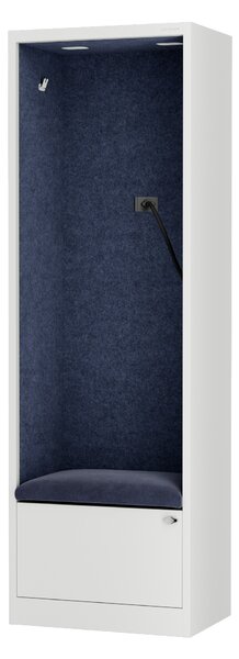 Szafa z siedziskiem i strefą wyciszenia SALLY MentalBox, biały korpus, granatowe siedzisko, 1850 x 600 x 400 mm