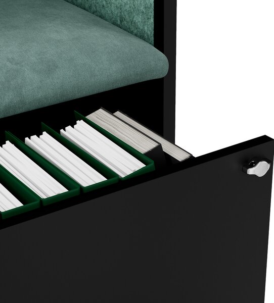 Szafa z siedziskiem i strefą wyciszenia SALLY MentalBox, czarny korpus, zielone siedzisko, 1850 x 600 x 400 mm