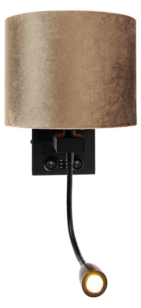 Lampa ścienna czarna z brązowym aksamitnym abażurem 18 cm - Brescia