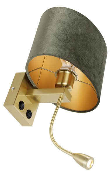 Lampa ścienna mosiężna z owalnym aksamitnym abażurem zielonym 25cm - Brescia Combi
