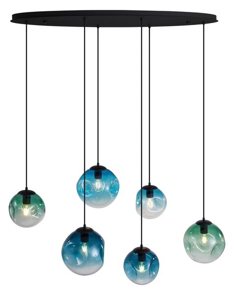 Lampa wisząca w stylu Art Deco czarna z owalną płytą sufitową i zielono-niebieskim szkłem 6-punktowa - Douglass
