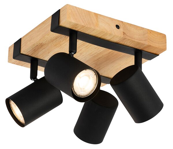 Lampa sufitowa czarna z drewnem 4-punktowa regulowana prostokątna - Jeana