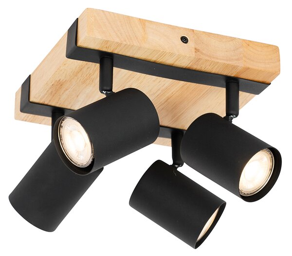 Lampa sufitowa czarna z drewnem 4-punktowa regulowana prostokątna - Jeana