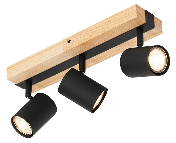 Lampa sufitowa czarna z drewnem, 3-punktowa, regulowana, prostokątna - Jeana