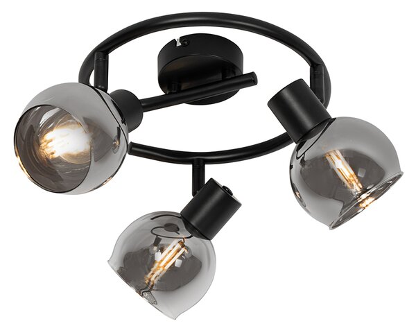 Lampa sufitowa art deco czarna z przydymionym szkłem 3-punktowa okrągła - Vidro