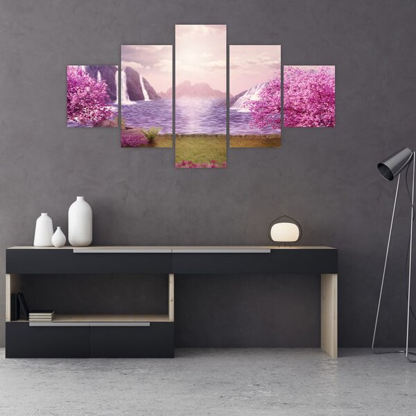 Obraz różowych drzew z jeziorem (125x70 cm)