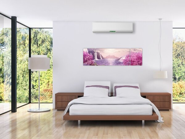 Obraz różowych drzew z jeziorem (170x50 cm)