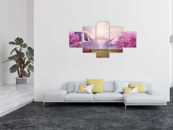 Obraz różowych drzew z jeziorem (125x70 cm)