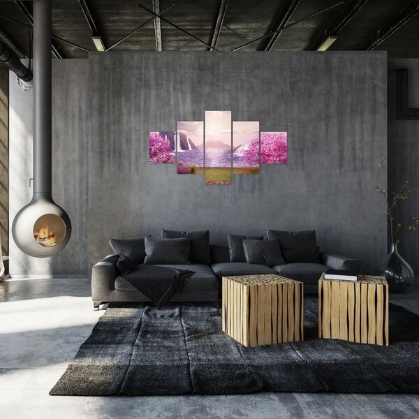 Obraz różowych drzew z jeziorem (125x70 cm)