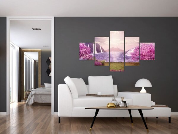 Obraz różowych drzew z jeziorem (125x70 cm)