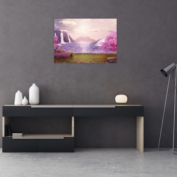 Obraz różowych drzew z jeziorem (70x50 cm)
