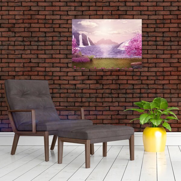 Obraz różowych drzew z jeziorem (70x50 cm)