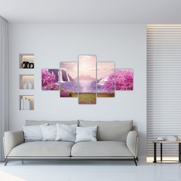 Obraz różowych drzew z jeziorem (125x70 cm)