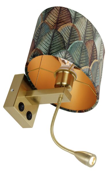 Lampa ścienna mosiężna z owalnym aksamitnym abażurem o wzorze liści 25 cm - Brescia Combi