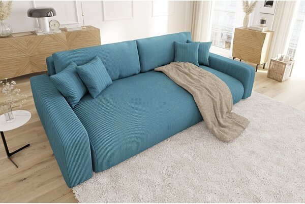 Turkusowa sztruksowa rozkładana sofa ze schowkiem 234 cm Sara – Ropez