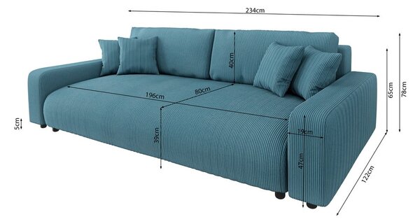 Turkusowa sztruksowa rozkładana sofa ze schowkiem 234 cm Sara – Ropez
