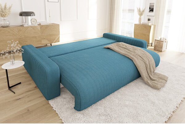 Turkusowa sztruksowa rozkładana sofa ze schowkiem 234 cm Sara – Ropez