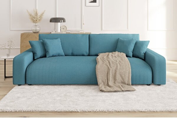 Turkusowa sztruksowa rozkładana sofa ze schowkiem 234 cm Sara – Ropez