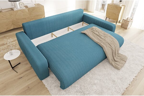 Turkusowa sztruksowa rozkładana sofa ze schowkiem 234 cm Sara – Ropez