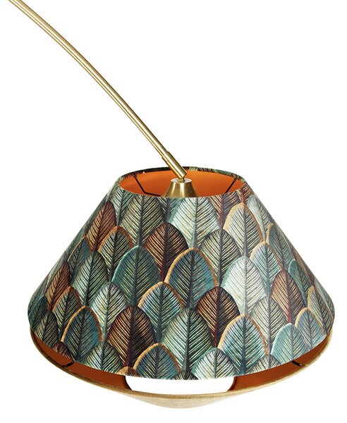 Mosiężna lampa łukowa z podwójnym aksamitnym abażurem z motywem liści i w kolorze beżowym - XXL